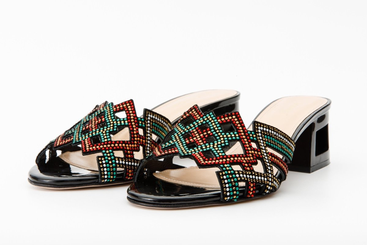 The Palma Black Glitter Leather Block Heel Women Sandal - TLW Shoes