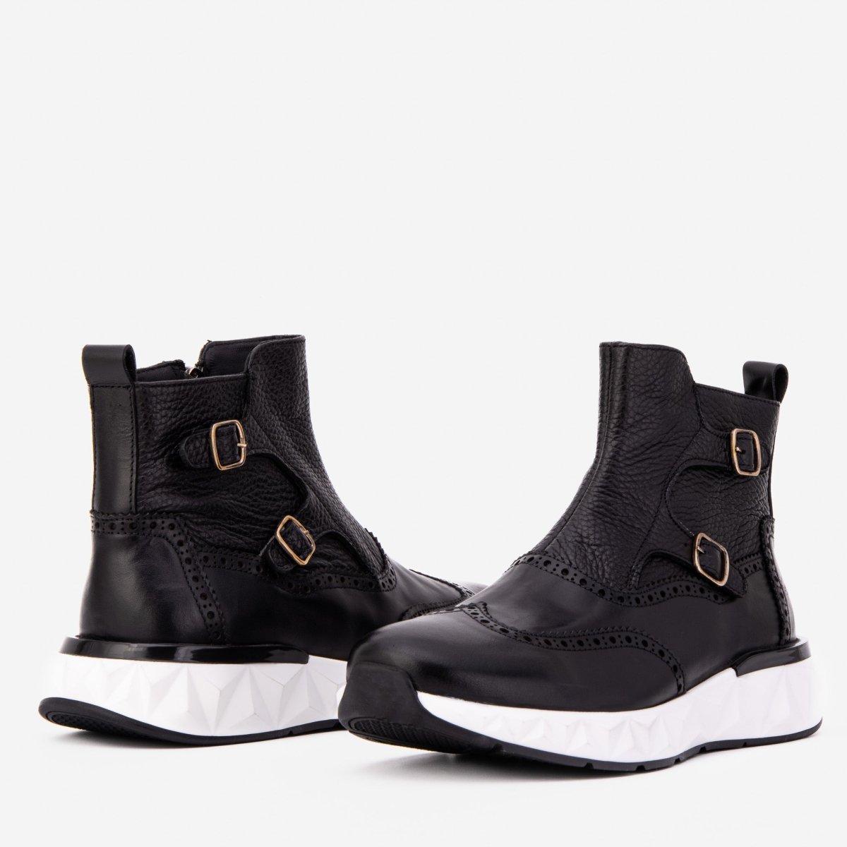 The Stealth Wingtip Buckle Black Leather Men Boot - TLW Shoes