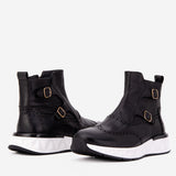 The Stealth Wingtip Buckle Black Leather Men Boot - TLW Shoes