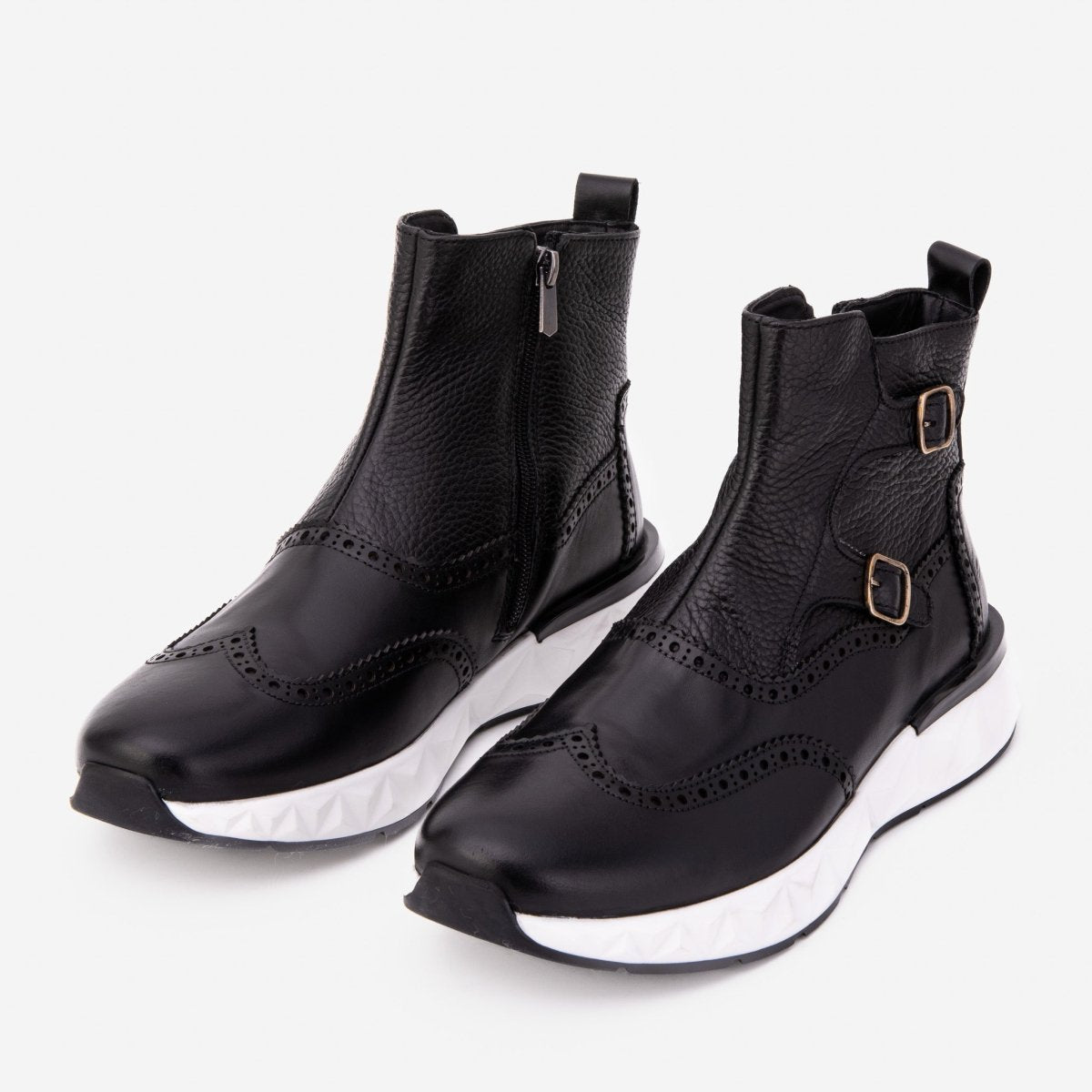 The Stealth Wingtip Buckle Black Leather Men Boot - TLW Shoes