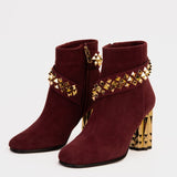 The Metal Burgundy Suede Leather Block Heel Women Boot - TLW Shoes