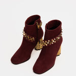 The Metal Burgundy Suede Leather Block Heel Women Boot - TLW Shoes