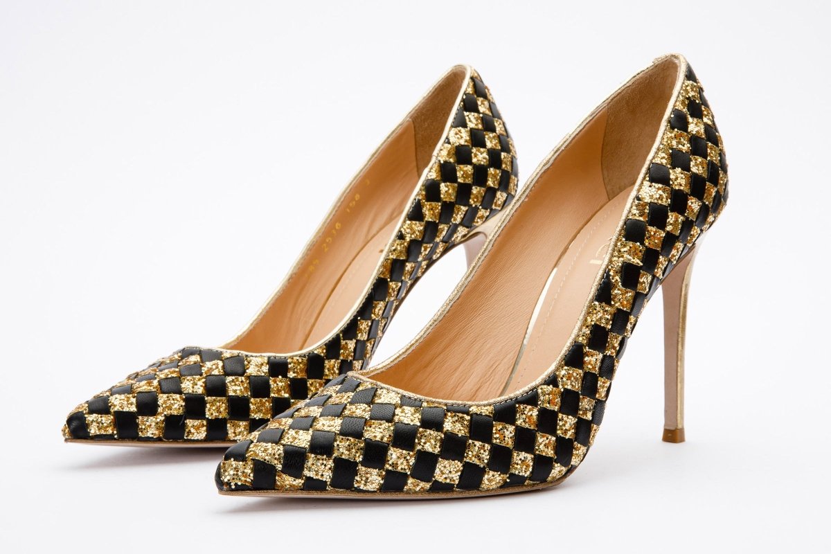 The Saks Tory Gold & Black Handwoven Leather Pump Women Shoe - TLW Shoes