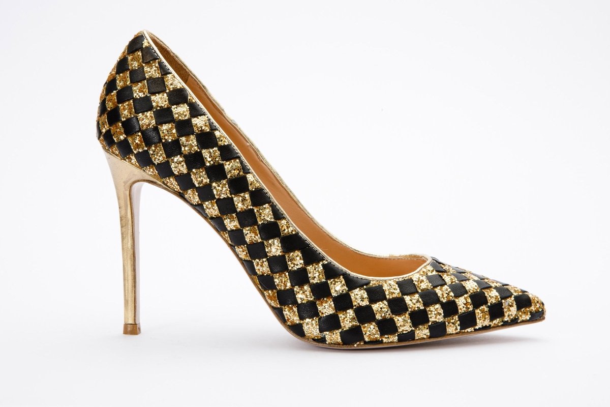 The Saks Tory Gold & Black Handwoven Leather Pump Women Shoe - TLW Shoes
