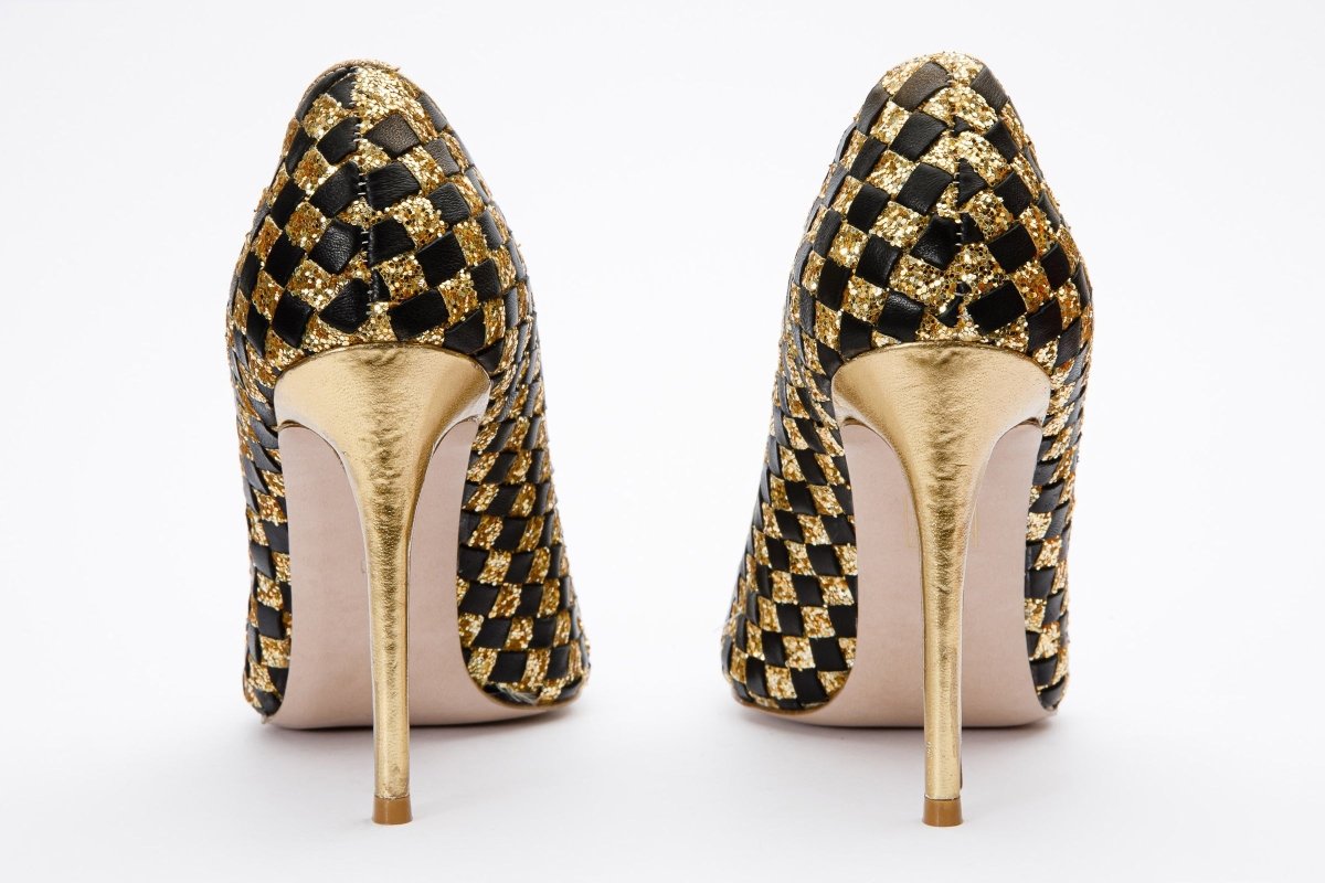 The Saks Tory Gold & Black Handwoven Leather Pump Women Shoe - TLW Shoes