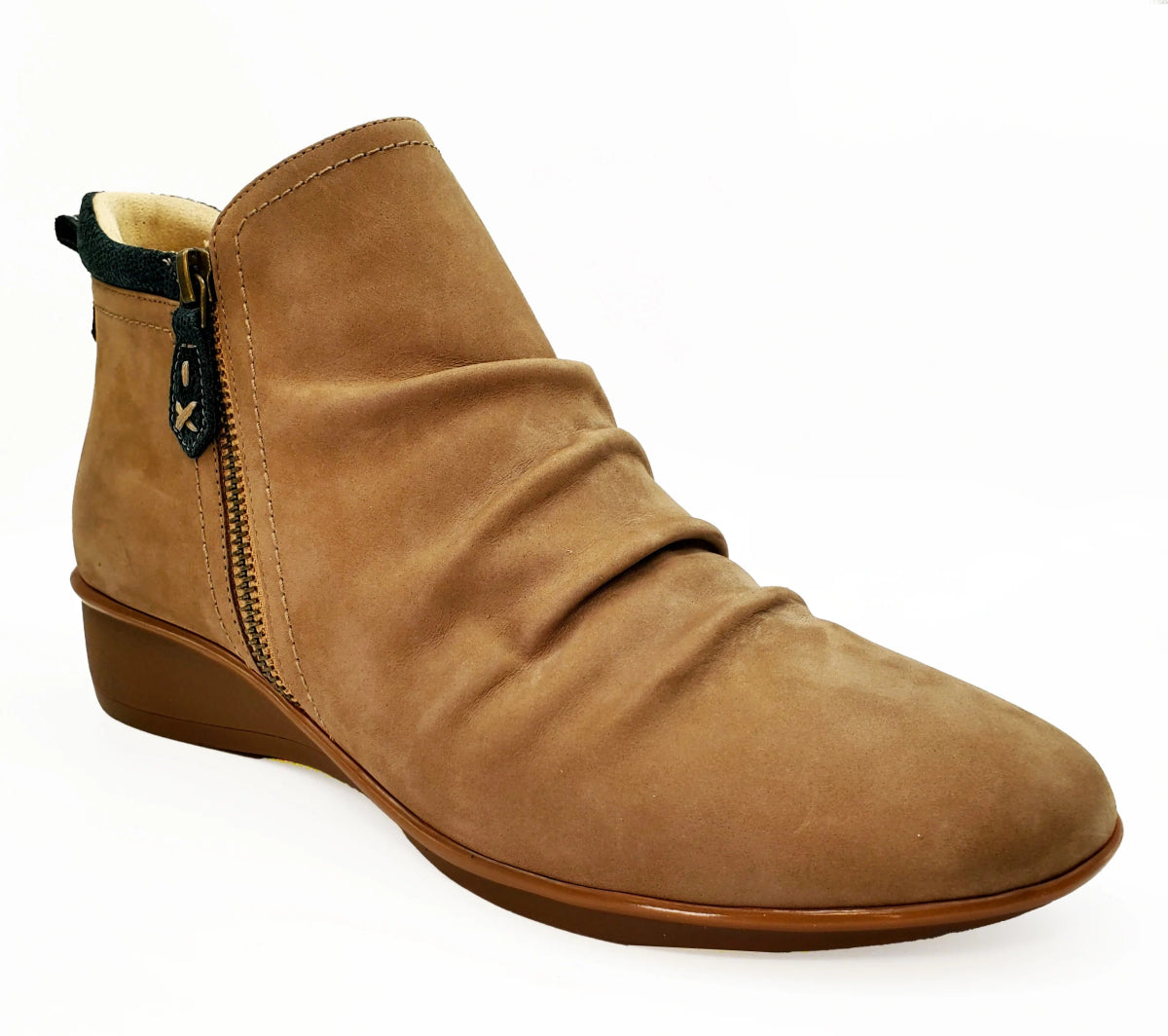 Revere Plymouth Women's Twin Zip Wedge Ankle Booties In Toffee Nubuck/Navy Lizard - TLW Shoes