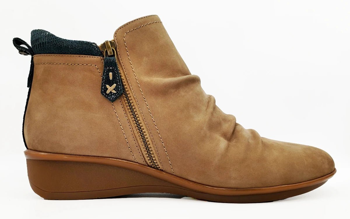 Revere Plymouth Women's Twin Zip Wedge Ankle Booties In Toffee Nubuck/Navy Lizard - TLW Shoes