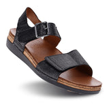 Revere Georgia Women's 3 Strap Adjustable Sandals In Black Linen - TLW Shoes