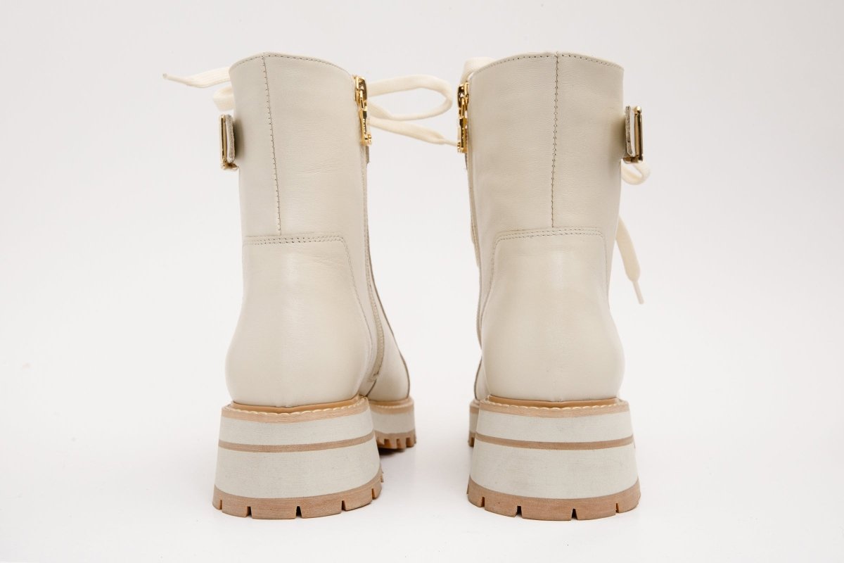 The Belgrano Cream Leather Lace - Up Ankle Women Boot With a Side Zipper - TLW Shoes