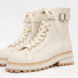 The Belgrano Cream Leather Lace - Up Ankle Women Boot With a Side Zipper - TLW Shoes