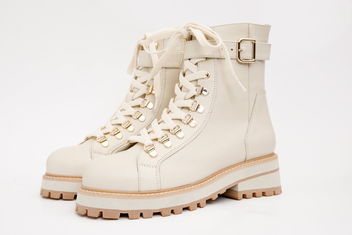 The Belgrano Cream Leather Lace - Up Ankle Women Boot With a Side Zipper - TLW Shoes