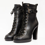 The Estrada Black Leather Lace - Up Platform Heel Mid Calf Women Boot - TLW Shoes