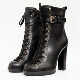 The Estrada Black Leather Lace - Up Platform Heel Mid Calf Women Boot - TLW Shoes