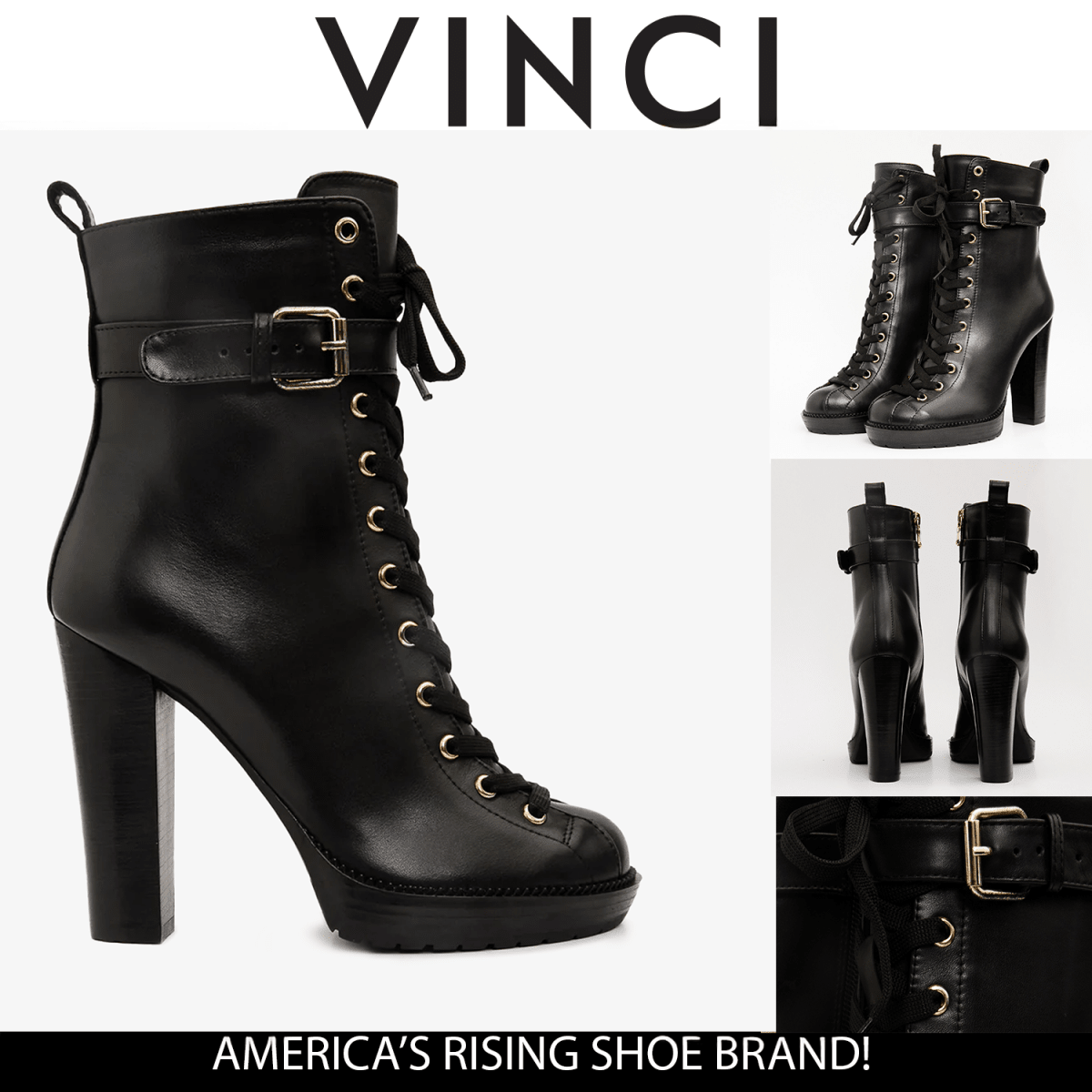The Estrada Black Leather Lace - Up Platform Heel Mid Calf Women Boot - TLW Shoes