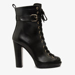 The Estrada Black Leather Lace - Up Platform Heel Mid Calf Women Boot - TLW Shoes
