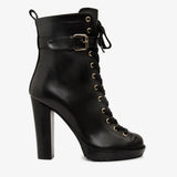 The Estrada Black Leather Lace - Up Platform Heel Mid Calf Women Boot - TLW Shoes