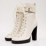 The Estrada Cream Leather Lace - Up Platform Heel Mid Calf Women Boot - TLW Shoes