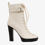 The Estrada Cream Leather Lace - Up Platform Heel Mid Calf Women Boot - TLW Shoes