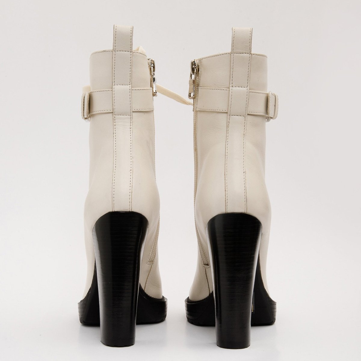 The Estrada Cream Leather Lace - Up Platform Heel Mid Calf Women Boot - TLW Shoes