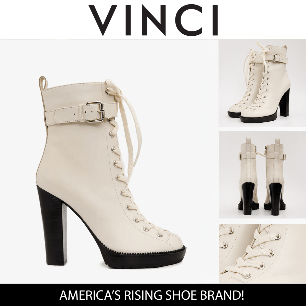 The Estrada Cream Leather Lace - Up Platform Heel Mid Calf Women Boot - TLW Shoes