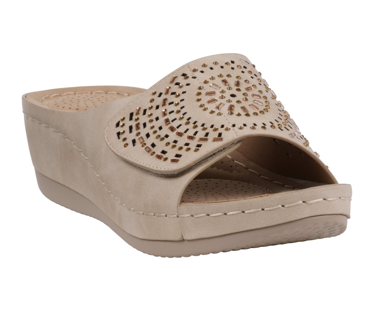 Women's Adrina Embellished Velcro Natural Wedge Sandals - TLW Shoes