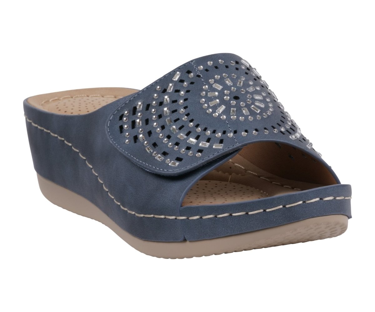 Women's Adrina Embellished Velcro Navy Wedge Sandals - TLW Shoes