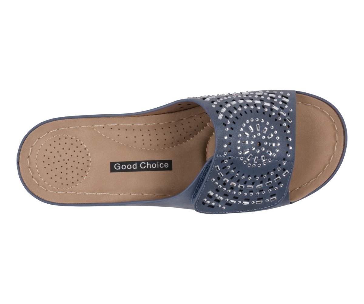 Women's Adrina Embellished Velcro Navy Wedge Sandals - TLW Shoes