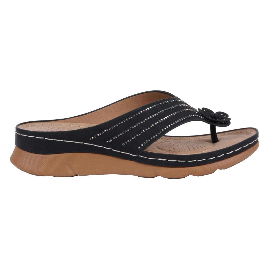 Women's Amari Black Flower Thong Flat Comfort Sandals - TLW Shoes