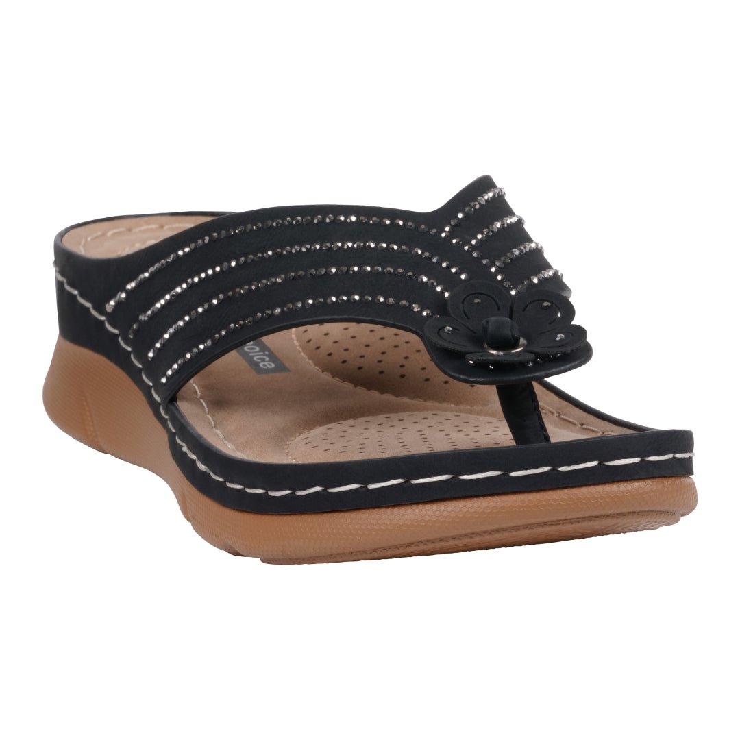 Women's Amari Black Flower Thong Flat Comfort Sandals - TLW Shoes