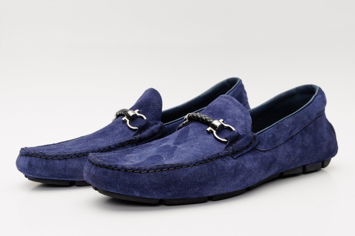 The Bari Navy Blue Suede Leather Bit Drive Loafer Men Shoe - TLW Shoes