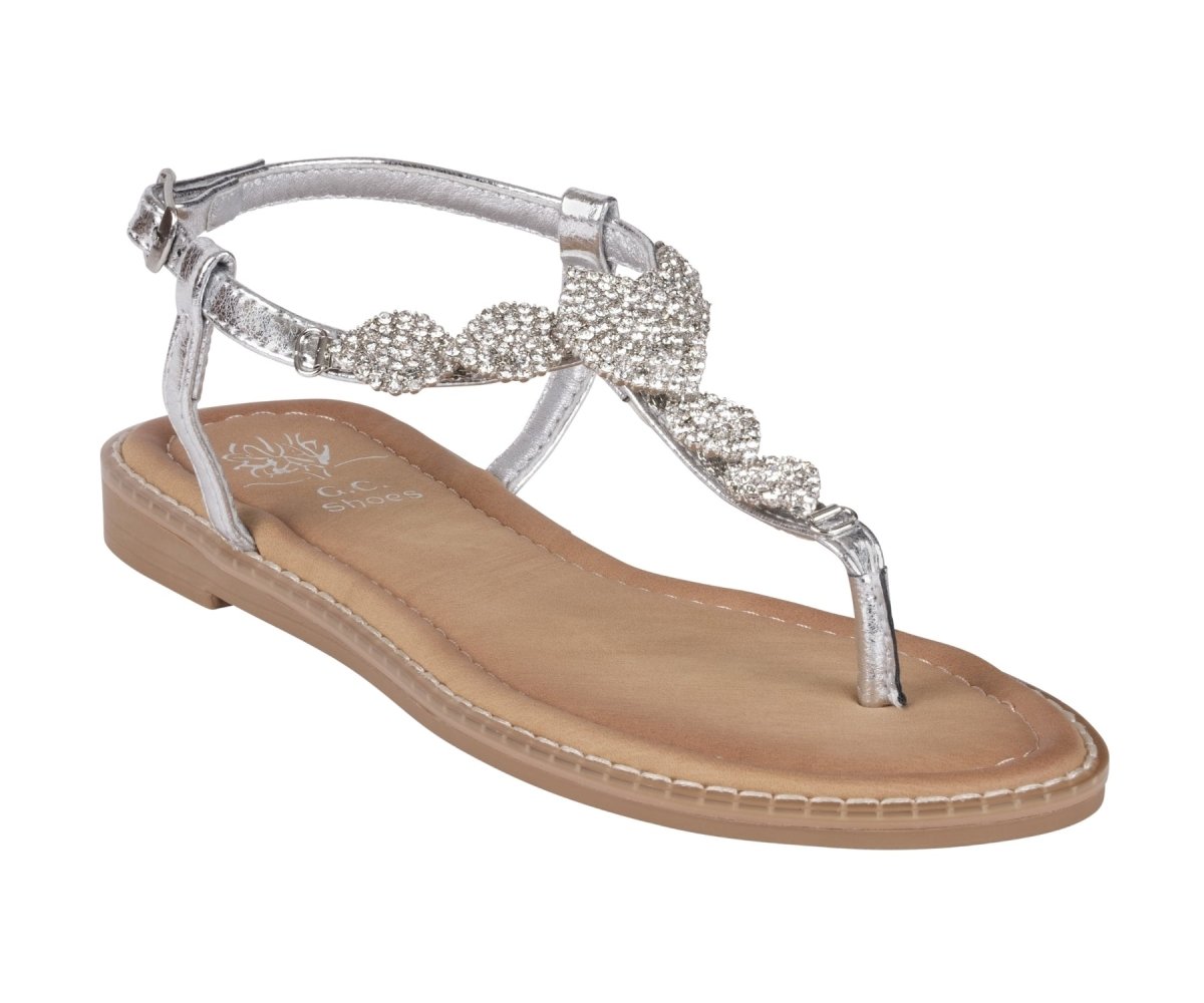 Cali Silver Jeweled T - Strap Slingback Flat Sandals - TLW Shoes