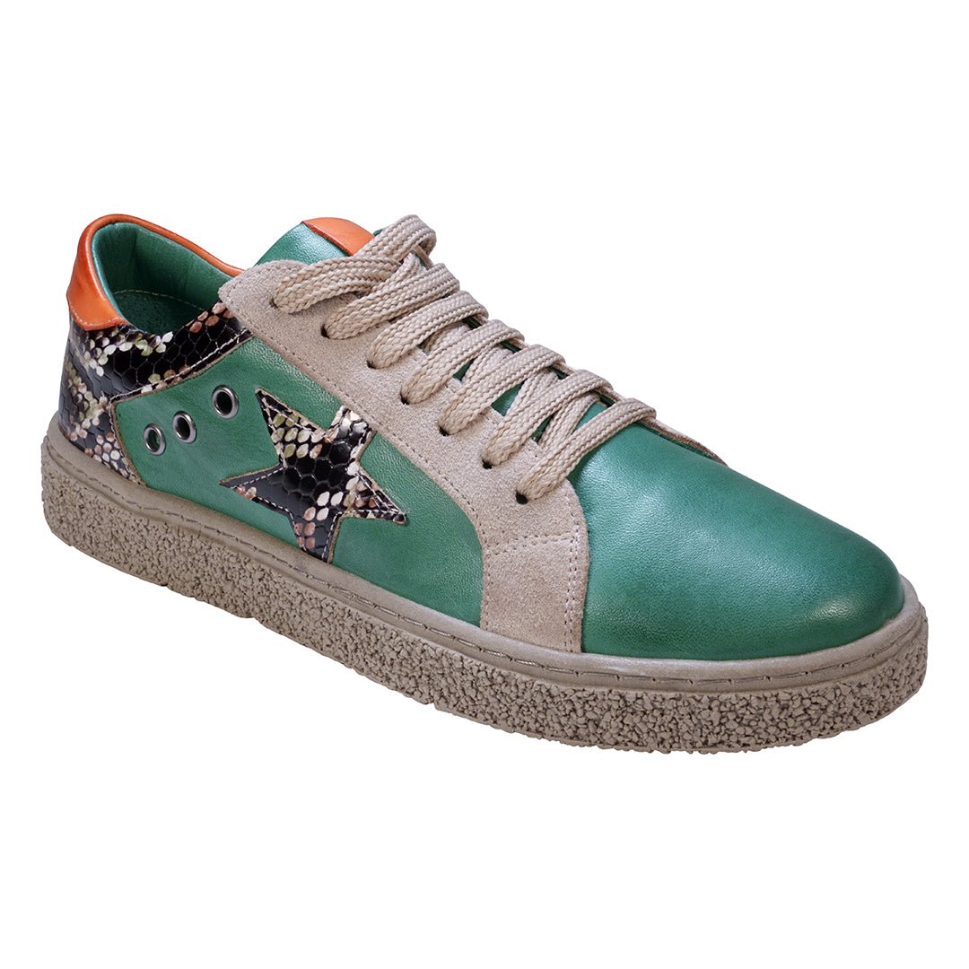 Charlee Green Snake Skin Two - Tone Star Motif Lace Up Sneakers - TLW Shoes
