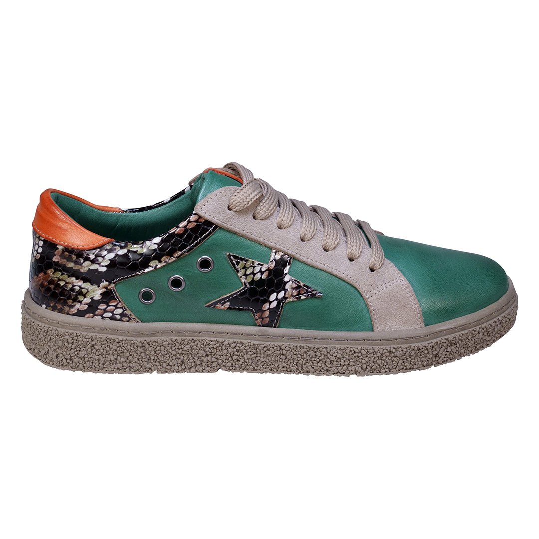 Charlee Green Snake Skin Two - Tone Star Motif Lace Up Sneakers - TLW Shoes