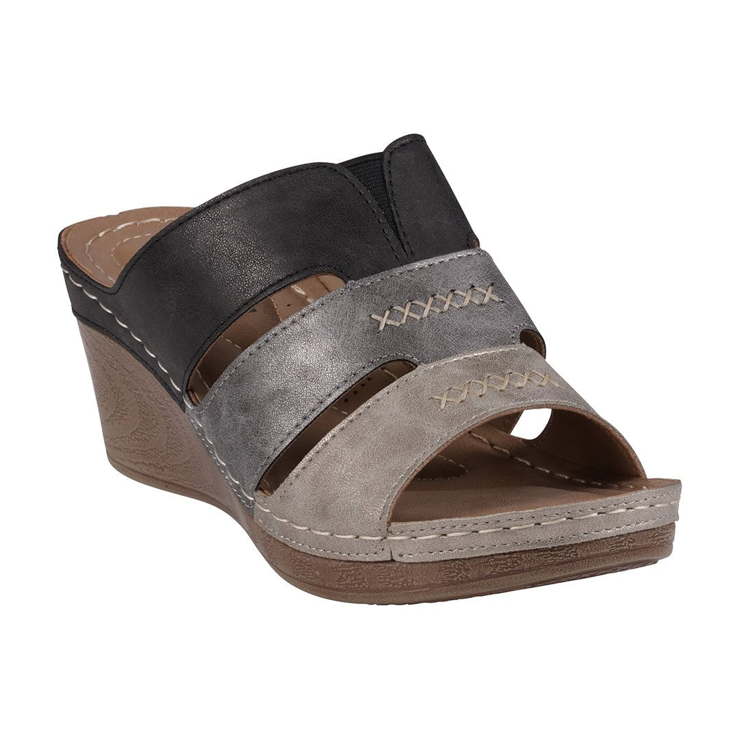 Delores Black Multi - Tone Triple Band Contrast Wedge Sandals - TLW Shoes