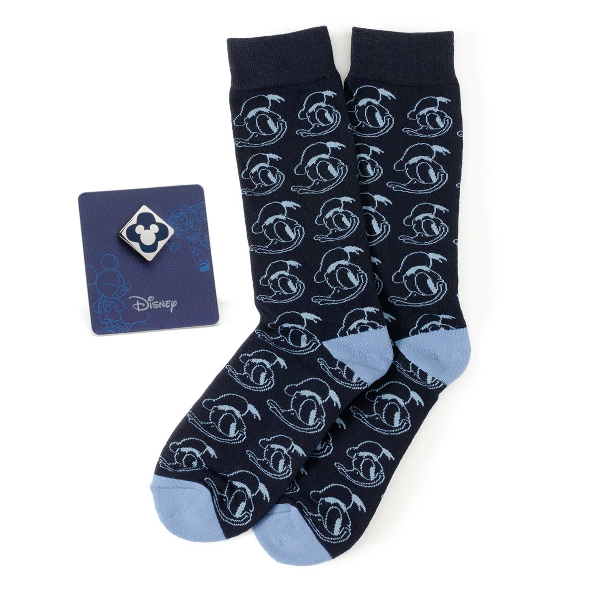 Disney Donald Duck Patterned Blue Socks and Mickey Mouse Blue Lapel Pin Gift Set - TLW Shoes
