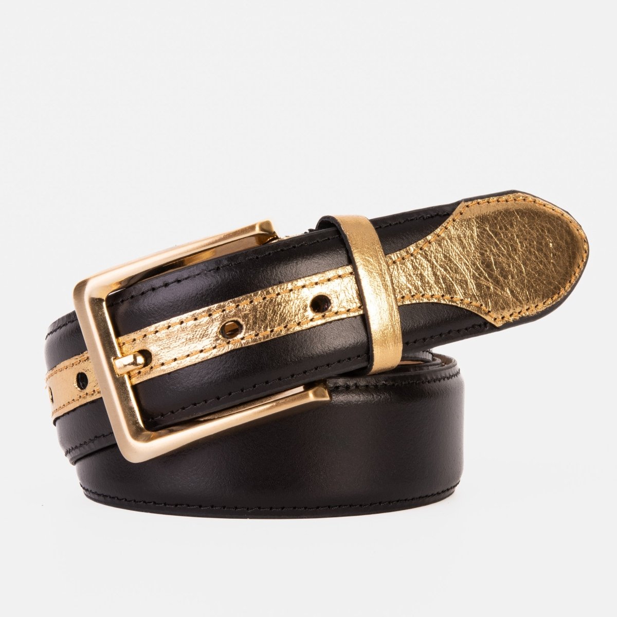 The Arda Black & Gold Leather Belt - TLW Shoes