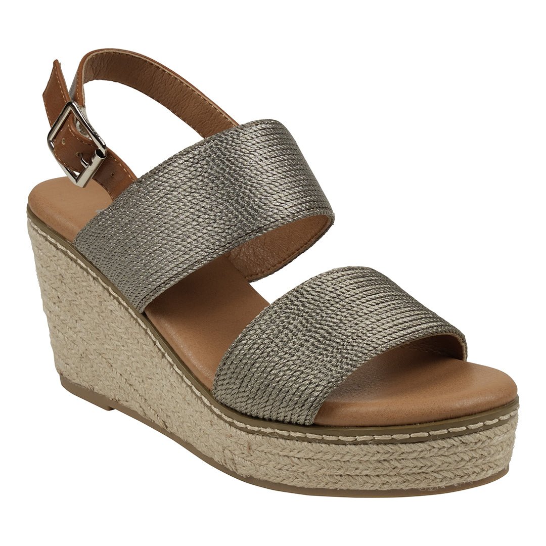 Ellis Pewter Metallic Double Band Slingback Espadrille Wedge Sandals - TLW Shoes