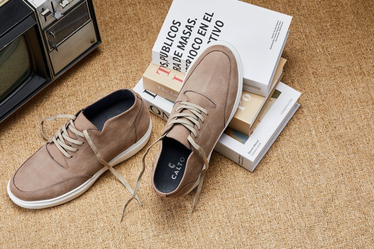 CALTO - J1770 - 3.2 Inches Taller (Khaki) - Casual Chunky Sole Boots – Soft Pebble Grain Nubuck Leather - TLW Shoes