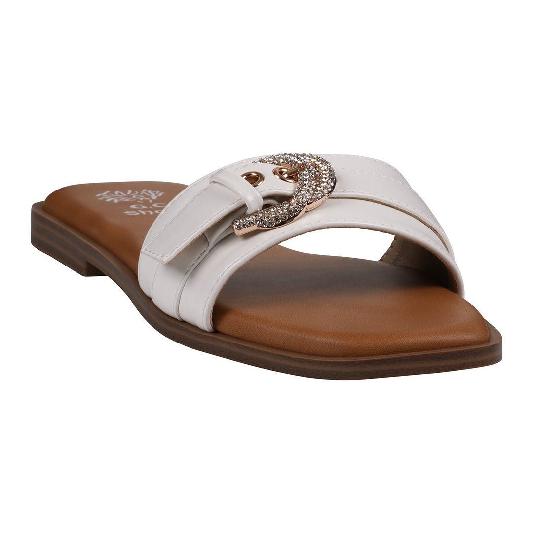 Women's Kenna White Embellished Buckle Flat Sandals - TLW Shoes