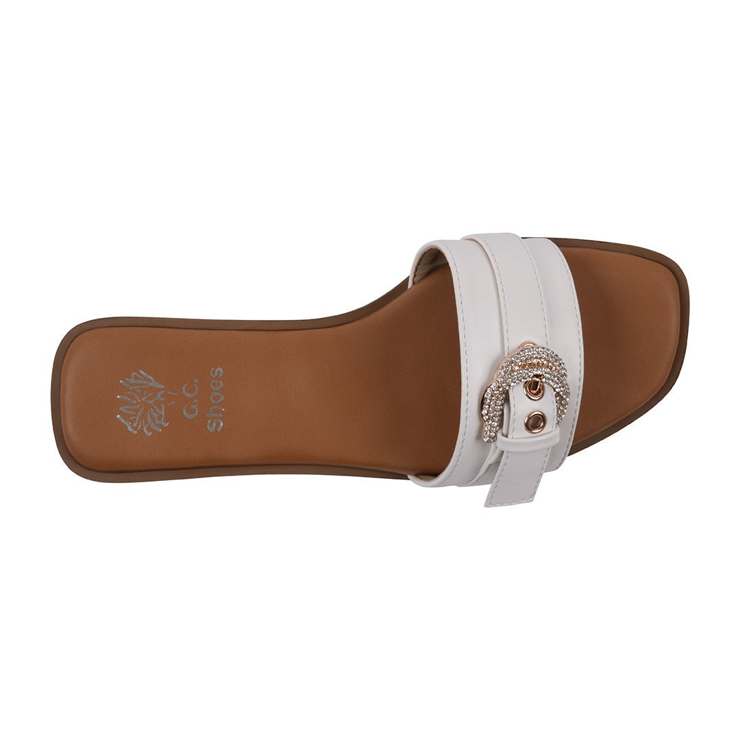 Women's Kenna White Embellished Buckle Flat Sandals - TLW Shoes