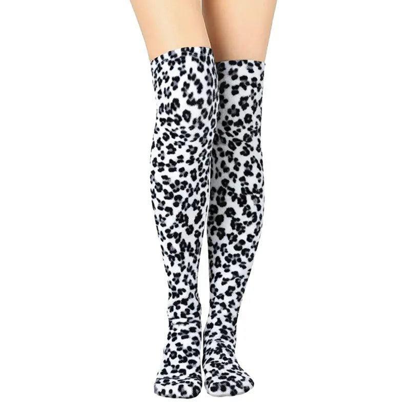 Over - the - Knee Fleece Socks - Snow Leopard - TLW Shoes