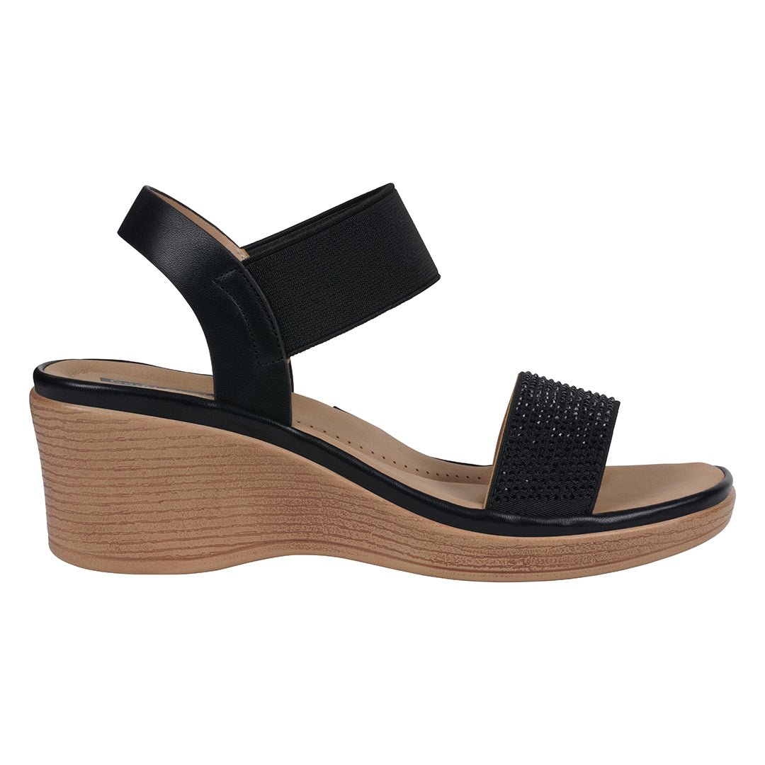 Women's Nia Black Embellished Elastic Wedge Sandals - TLW Shoes