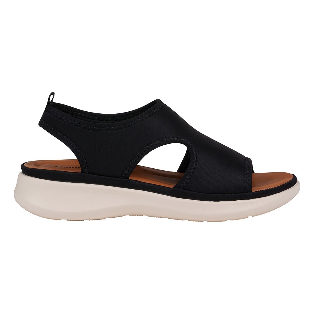 Women's Romy Black Stretch Lycra Wedge Sandals - TLW Shoes