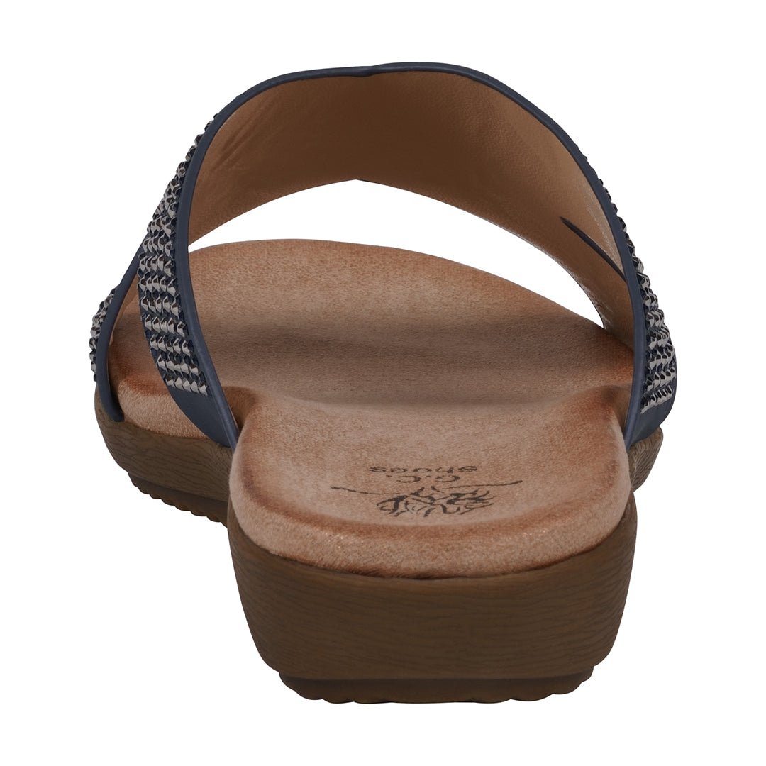 Women's Sharlene Navy Embellished Cross - Strap Flat Sandals - TLW Shoes