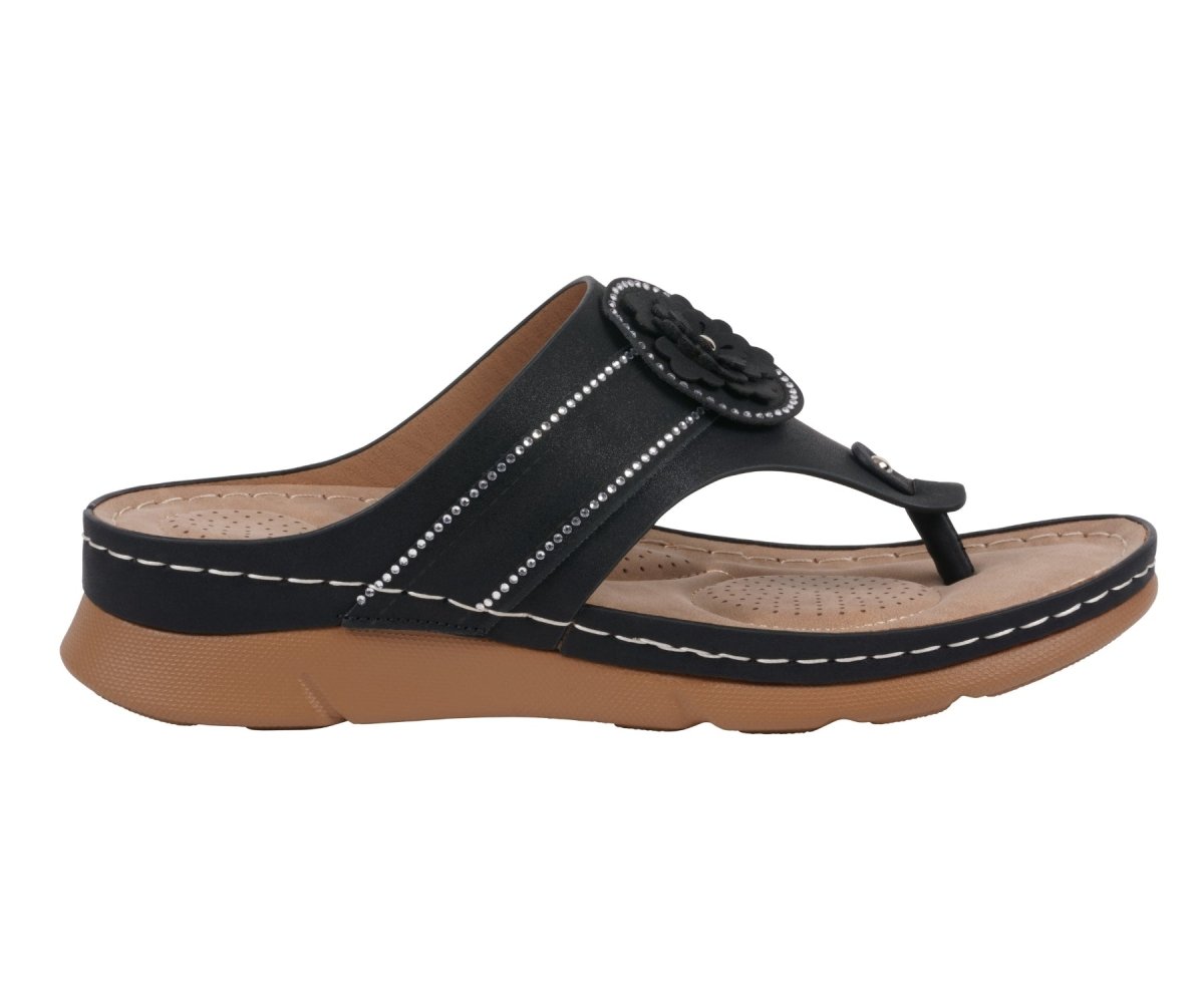 Women's Vickie Black Flower Thong Flat Comfort Sandals - TLW Shoes