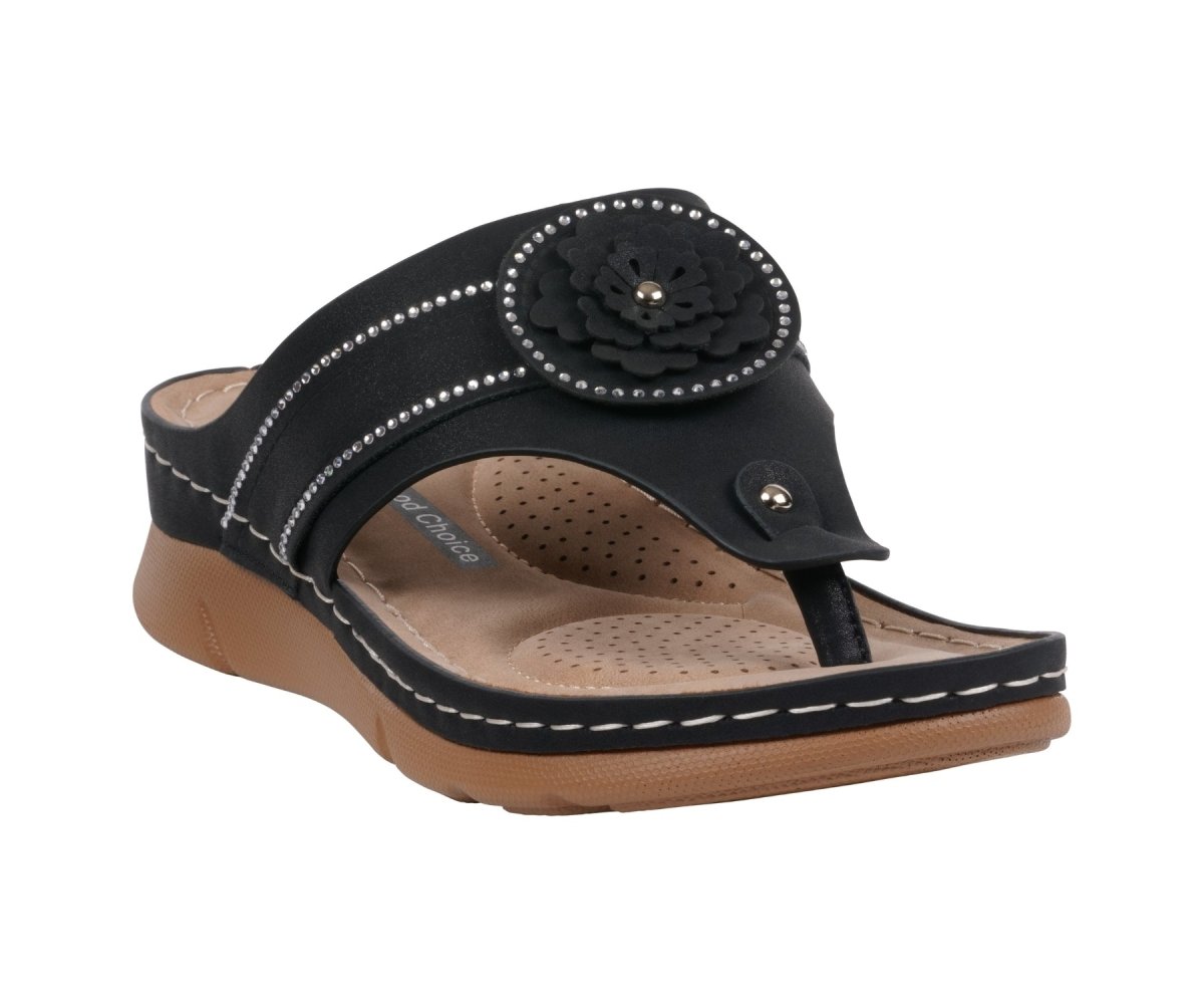 Women's Vickie Black Flower Thong Flat Comfort Sandals - TLW Shoes