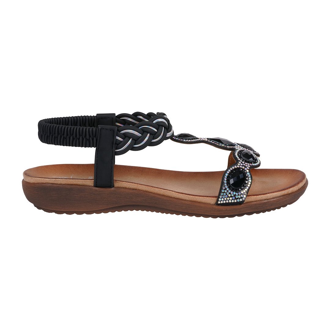 Women's Victoria Black Jeweled Flat Sandals - TLW Shoes