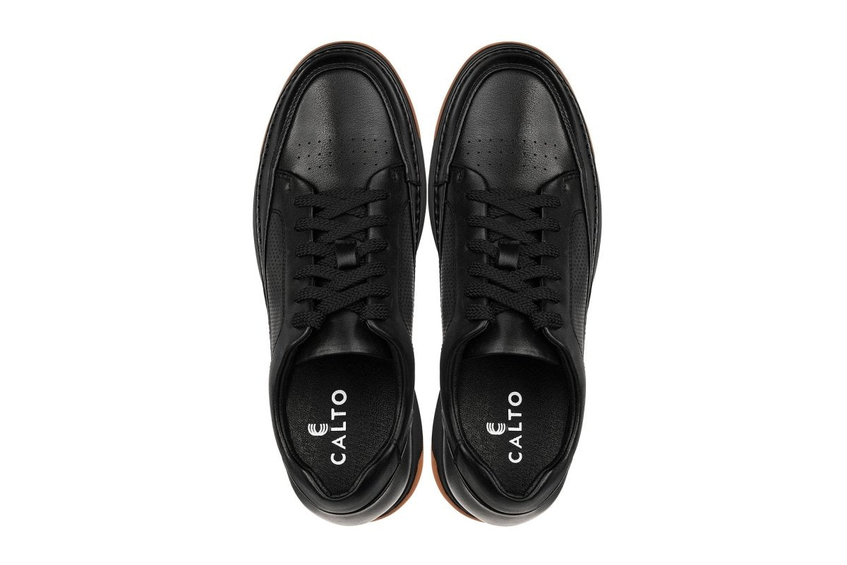 CALTO - Y7931 - 2.6 Inches Taller (Noir/Black & Gum Sole) - Elevated Leather Micro - Perforated Sneakers - TLW Shoes
