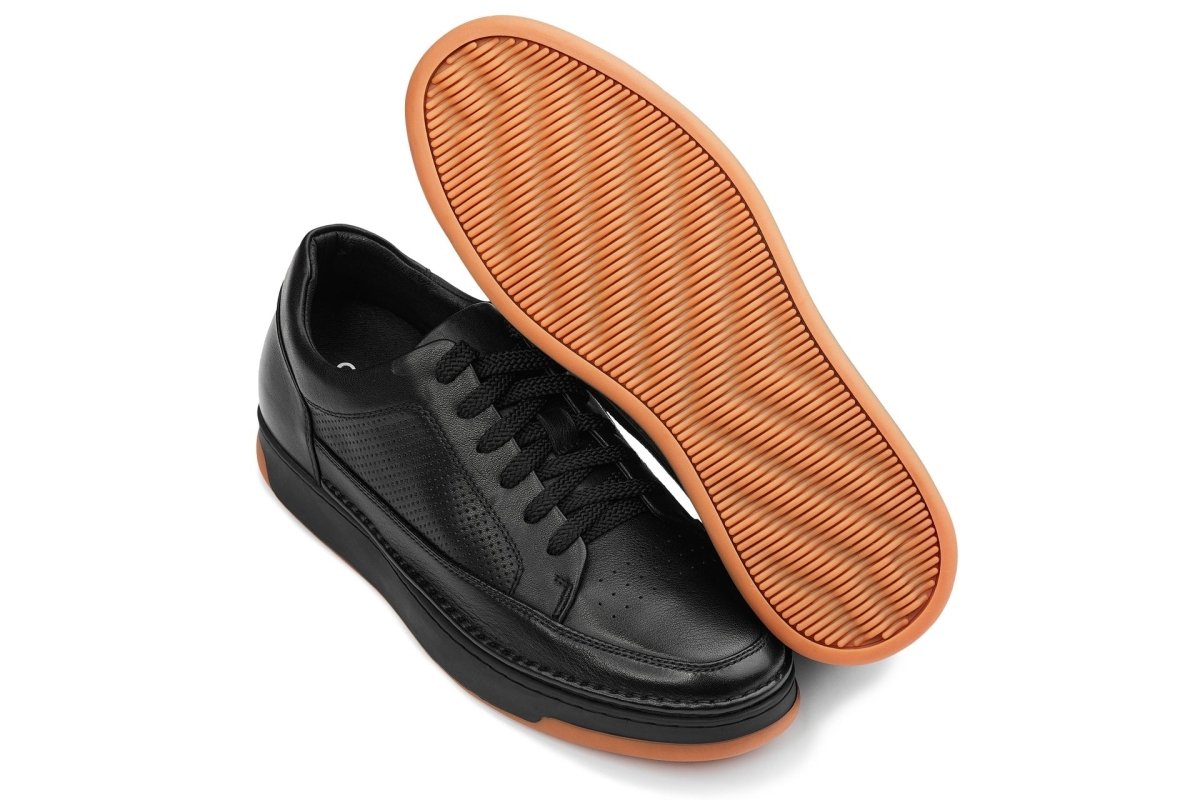 CALTO - Y7931 - 2.6 Inches Taller (Noir/Black & Gum Sole) - Elevated Leather Micro - Perforated Sneakers - TLW Shoes