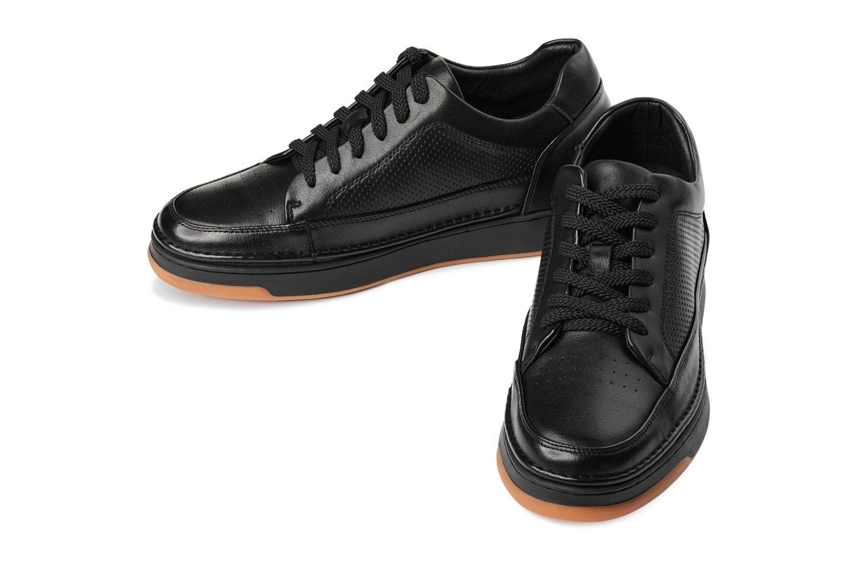 CALTO - Y7931 - 2.6 Inches Taller (Noir/Black & Gum Sole) - Elevated Leather Micro - Perforated Sneakers - TLW Shoes
